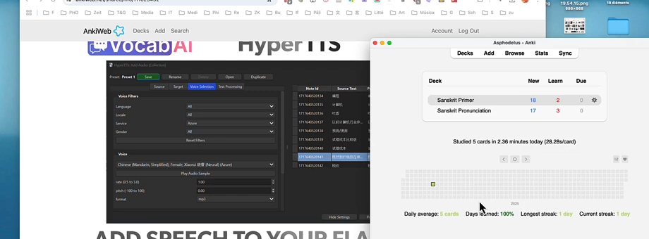 HyperTTS 的 Add Audio 面板，含語音、語言、服務篩選