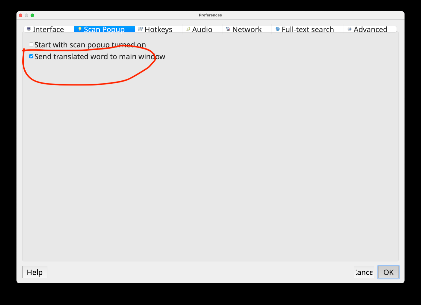 Scan Popup：勾選「Send translated word to main window」